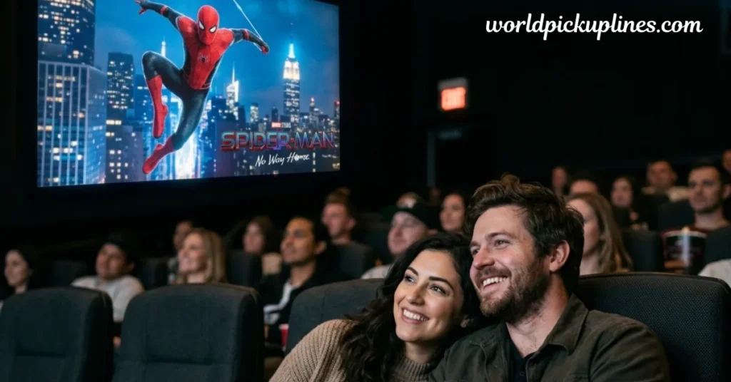 A smiling couple watching the Spider-Man: No Way Home movie together in a crowded theater.