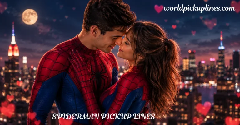 A couple dressed in Spider-Man costumes gazing affectionately at each other against a city skyline at night with floating heart graphics.