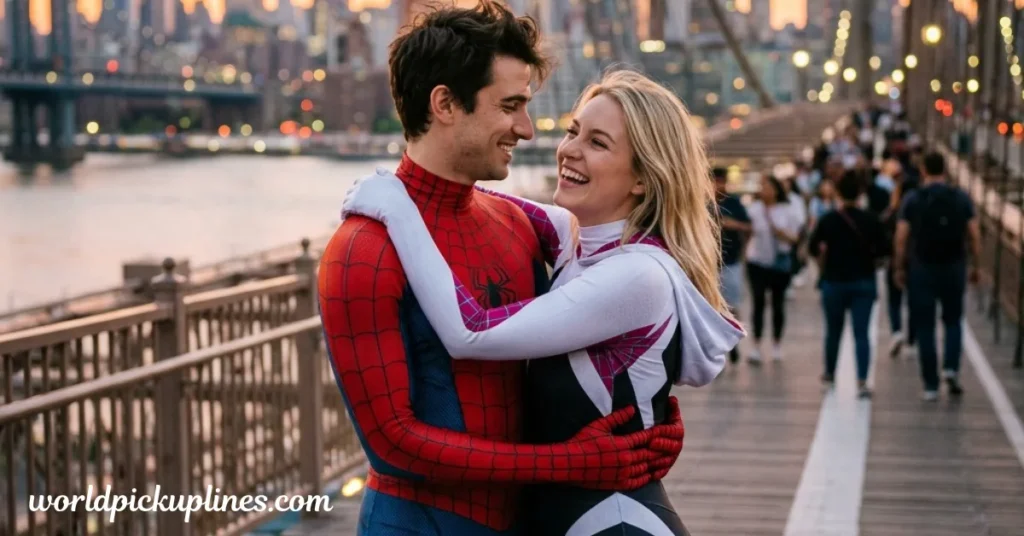 A smiling couple dressed in Spider-Man and Spider-Gwen suits embracing on the Brooklyn Bridge.