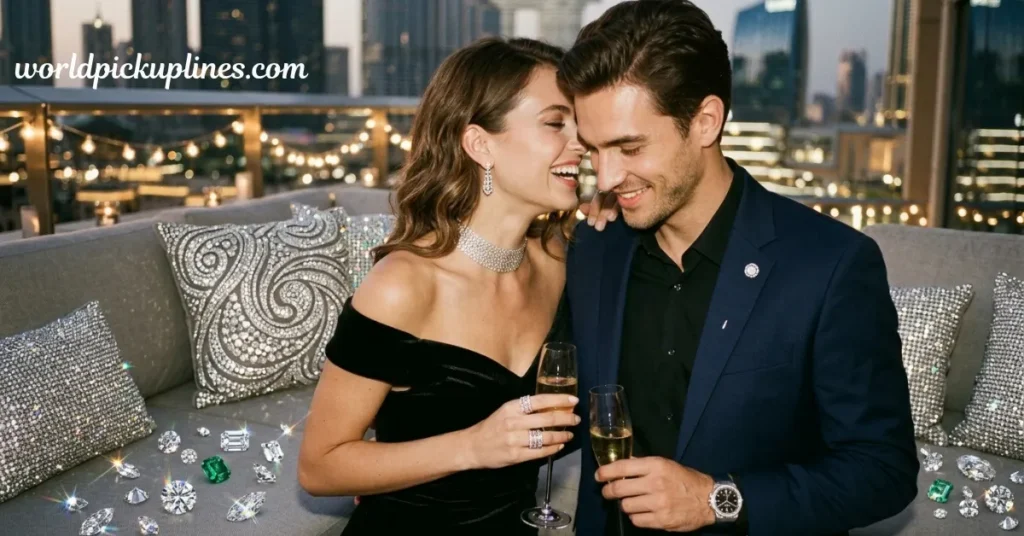 An elegantly dressed couple smiling together with champagne glasses on a rooftop terrace surrounded by diamonds and gemstones.