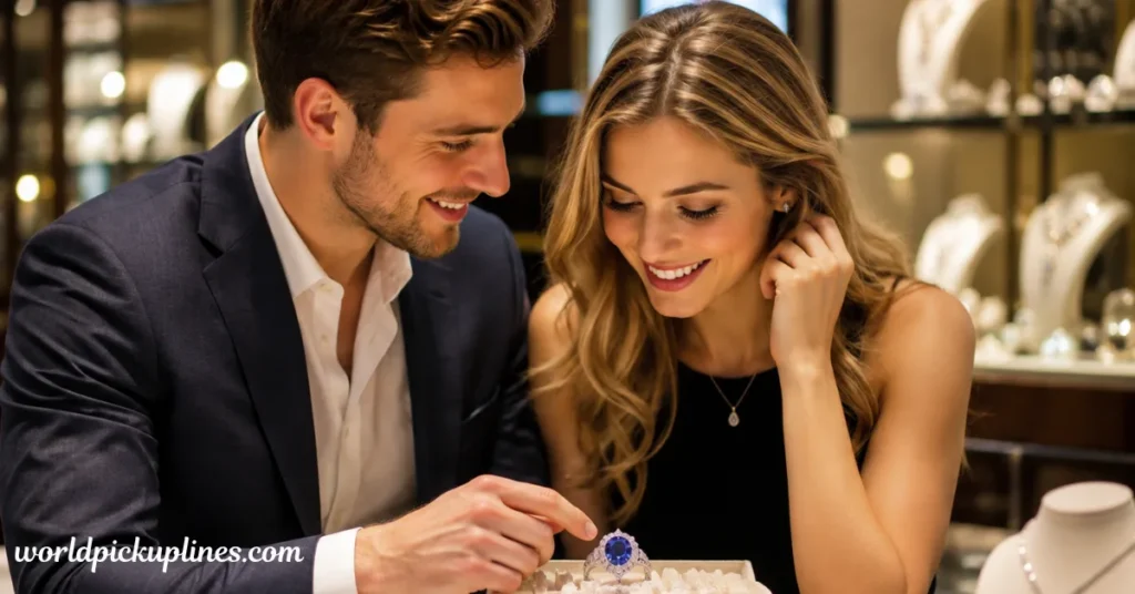 A smiling couple admiring a blue sapphire gemstone ring together inside a jewelry store.