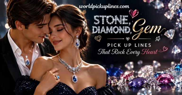 An elegantly dressed couple wearing luxury diamond and blue sapphire jewelry, set against a background of sparkling gemstones and text reading "Stone, Diamond, Gem Pick Up Lines That Rock Every Heart".