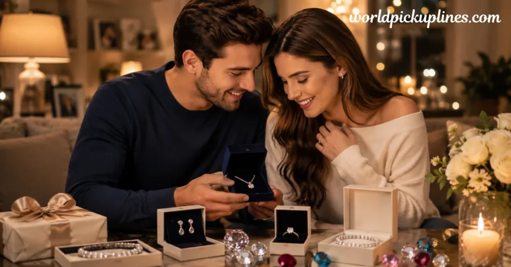A smiling man presenting a diamond necklace gift box to a woman surrounded by jewelry boxes and lit candles.