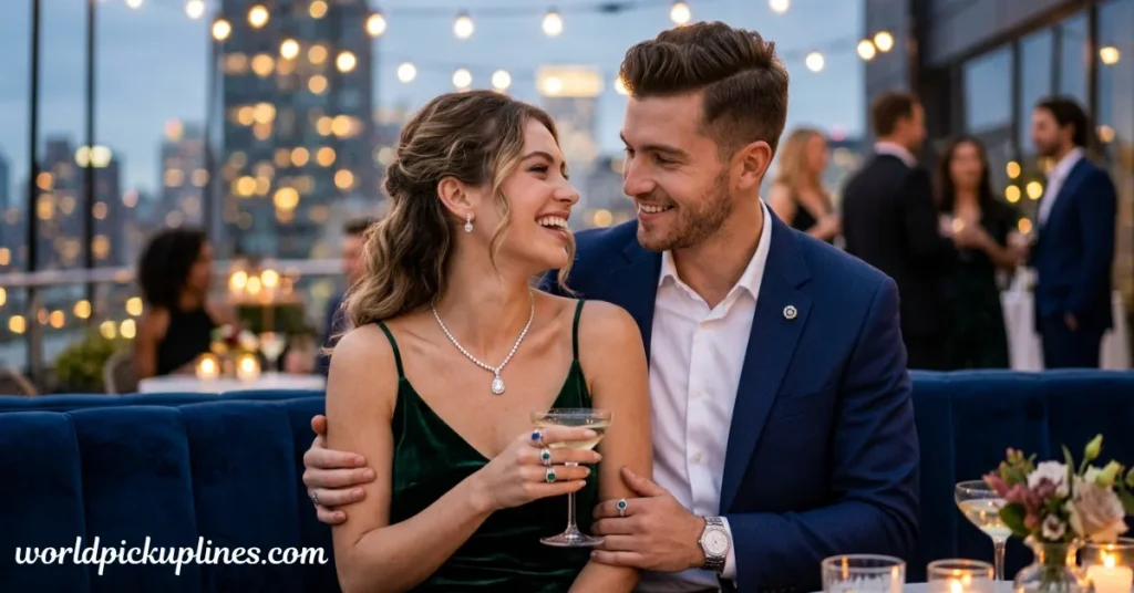 A smiling, well-dressed couple embracing on a rooftop terrace decorated with string lights at night.