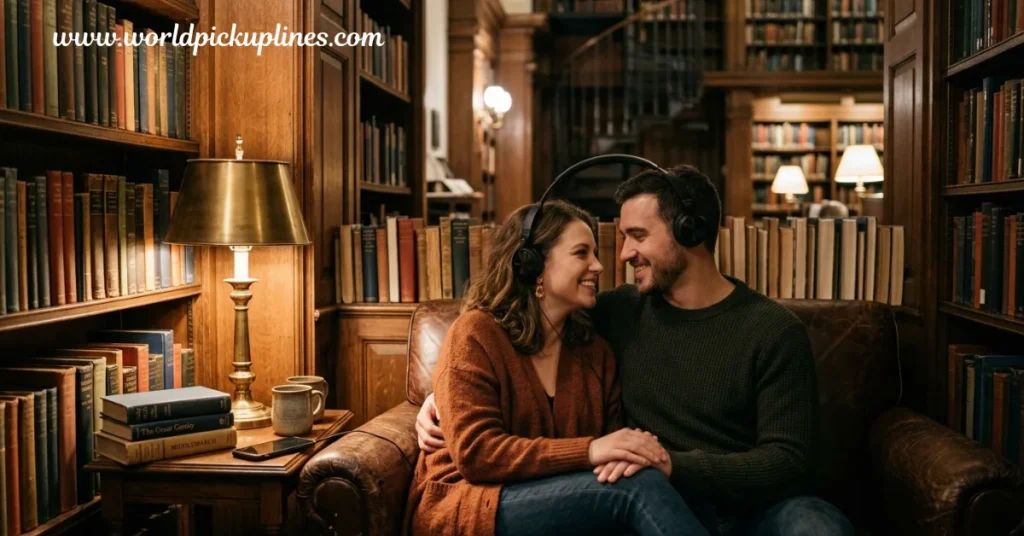 A man and woman sharing a pair of headphones while sitting together on an armchair in a cozy, classic library setting.