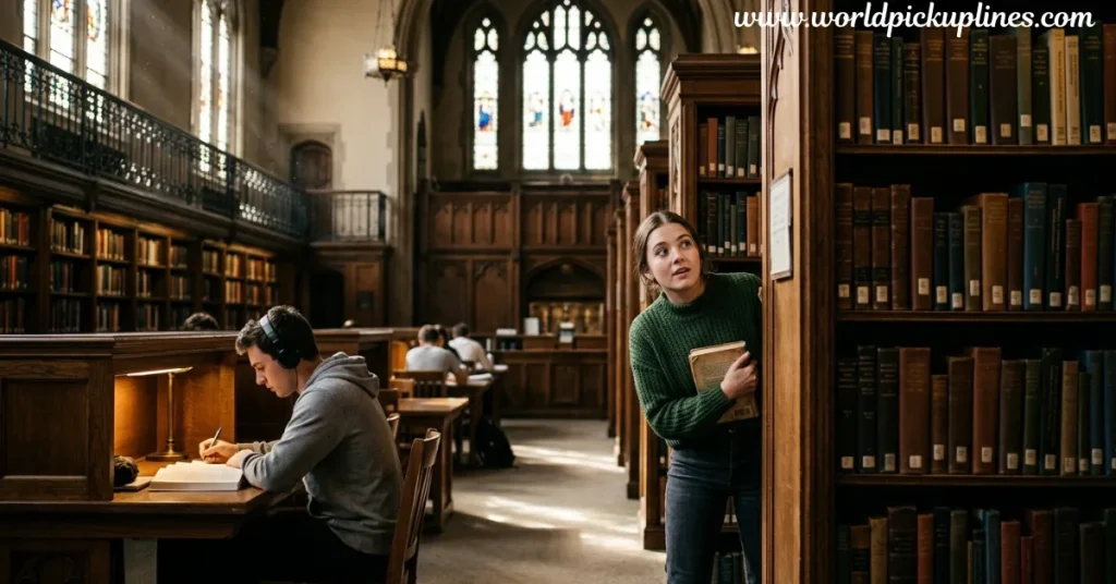 A young woman holding a book peeking around a bookshelf at a young man studying with headphones on in a university library.