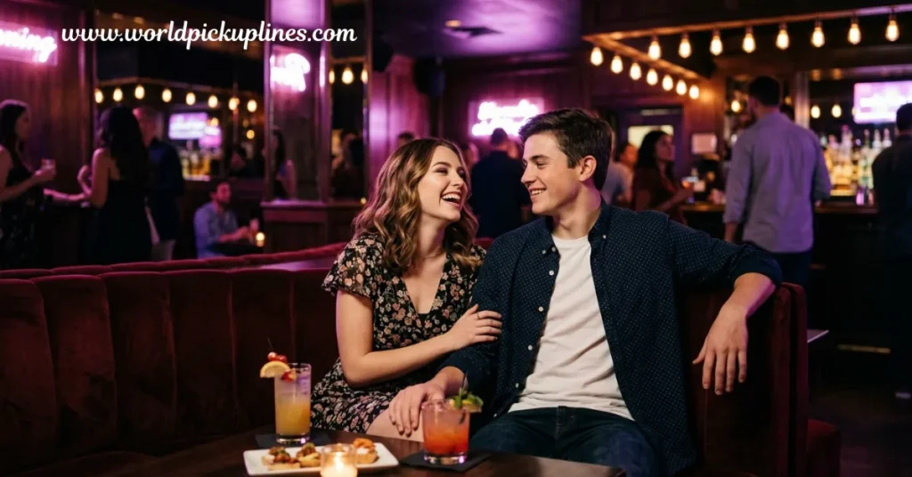 A young man and woman smiling and laughing together while sitting in a velvet booth at a bar or lounge with drinks on the table in front of them.