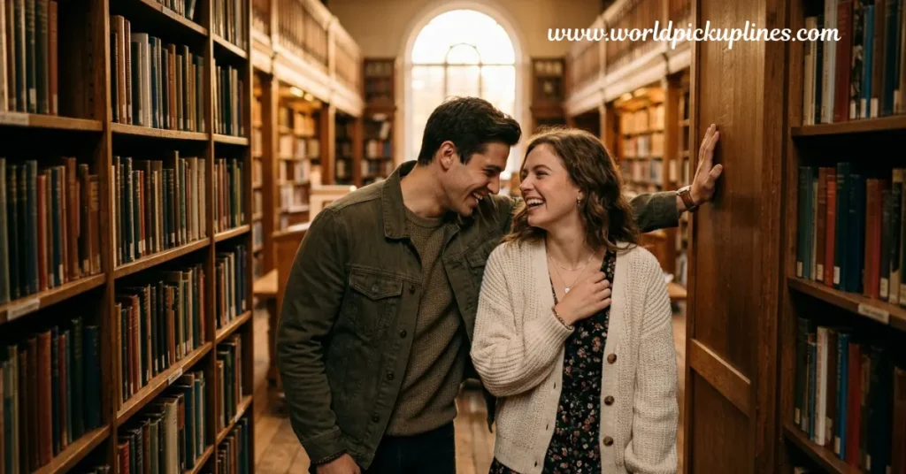 A man and woman sharing a laugh while standing close together between bookshelves in a library setting.