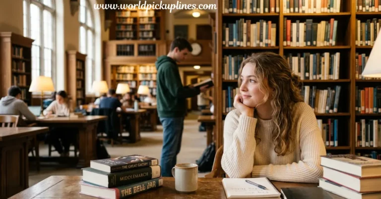A young woman resting her chin on her hand while daydreaming at a table in a university library, surrounded by stacks of books.