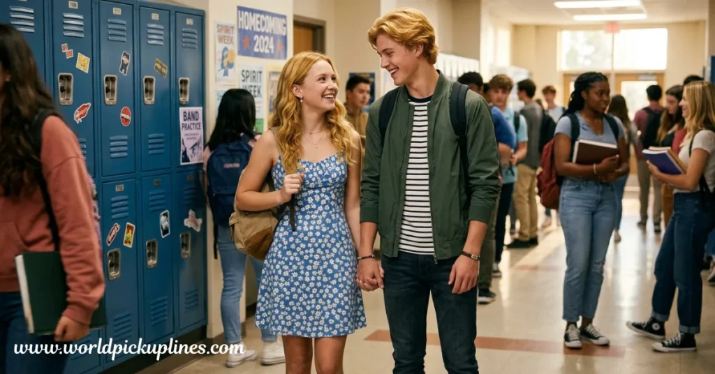 Two high school students holding hands and smiling at each other while walking down a busy hallway lined with blue lockers.