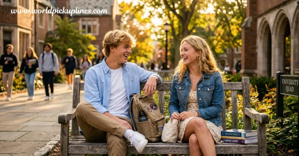 A young man and woman sitting on a wooden bench on a college campus quad, laughing together with backpacks and textbooks nearby.