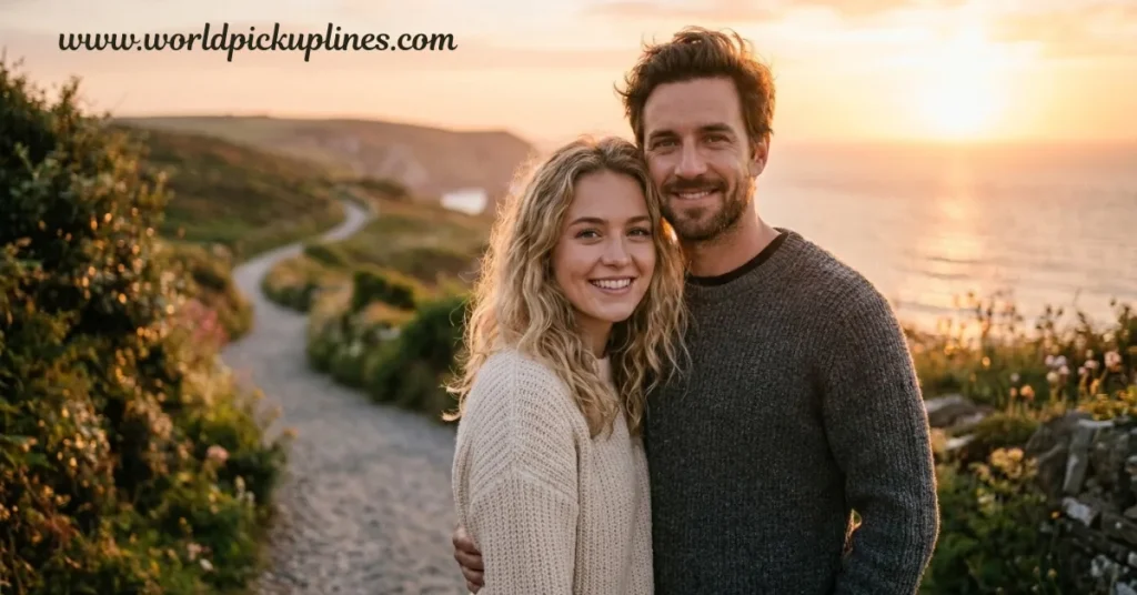 A smiling couple in cozy sweaters standing together on a coastal trail at sunset.