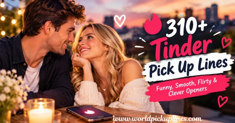 A romantic couple smiling at each other at a candlelit outdoor table near a phone displaying the Tinder app, with graphic text reading "310+ Tinder Pick Up Lines".