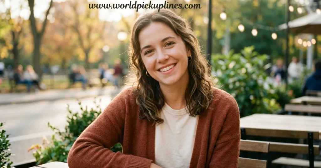 A smiling woman wearing a brown cardigan sitting at an outdoor patio table in a park setting.