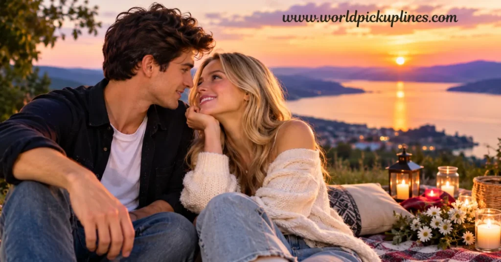 A couple smiling affectionately at each other during a sunset picnic on a hill overlooking a lake.
