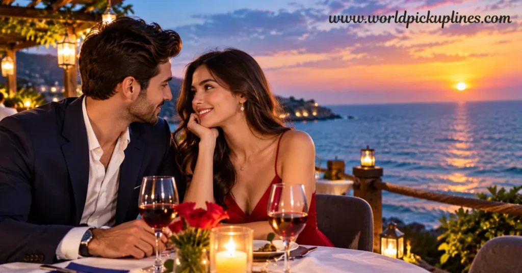 A couple enjoying a romantic candlelit dinner at a seaside outdoor table during sunset.