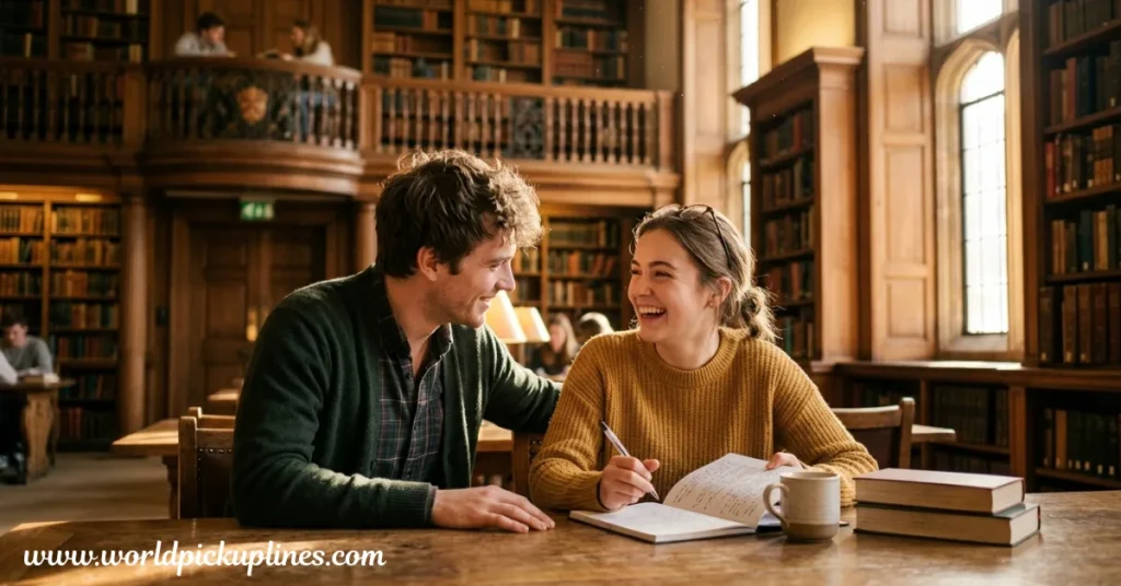 A young man and woman sitting together at a wooden table in a classic university library, sharing a laugh while studying with open notebooks, books, and a coffee mug.
