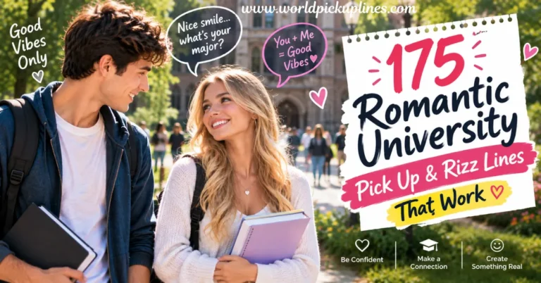 A college student couple carrying books smiling at each other on campus, overlaid with speech bubbles and text that reads "175 Romantic University Pick Up & Rizz Lines That Work."