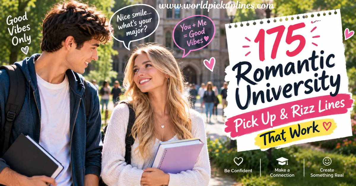 A college student couple carrying books smiling at each other on campus, overlaid with speech bubbles and text that reads "175 Romantic University Pick Up & Rizz Lines That Work."