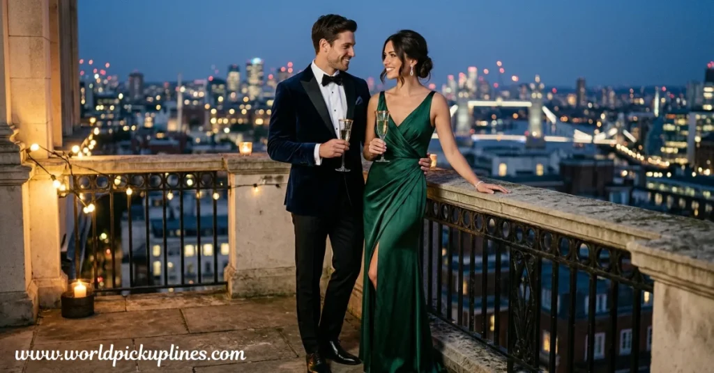 An elegantly dressed couple holding champagne glasses on a rooftop balcony at night, smiling at each other against a glowing city skyline with a view of Tower Bridge.