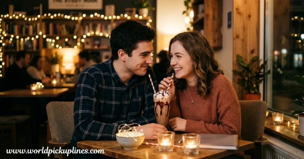 A smiling young couple sitting at a cozy café table, sharing a milkshake with two straws in a softly lit room with fairy lights.