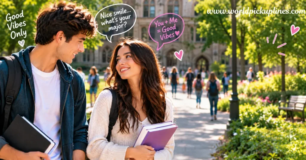 A smiling college couple holding books on a sunny university campus walkway, overlaid with decorative text and speech bubbles saying "Nice smile... what's your major?" and "You + Me = Good Vibes."