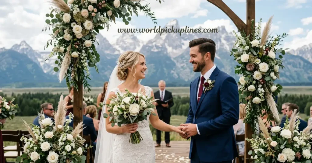A smiling bride and groom holding hands under a wooden arch during a mountain wedding ceremony.
