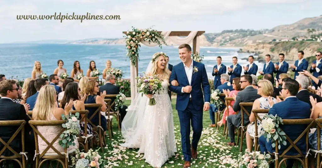 A smiling bride and groom walking down the aisle at an outdoor cliffside wedding overlooking the ocean as guests applaud.