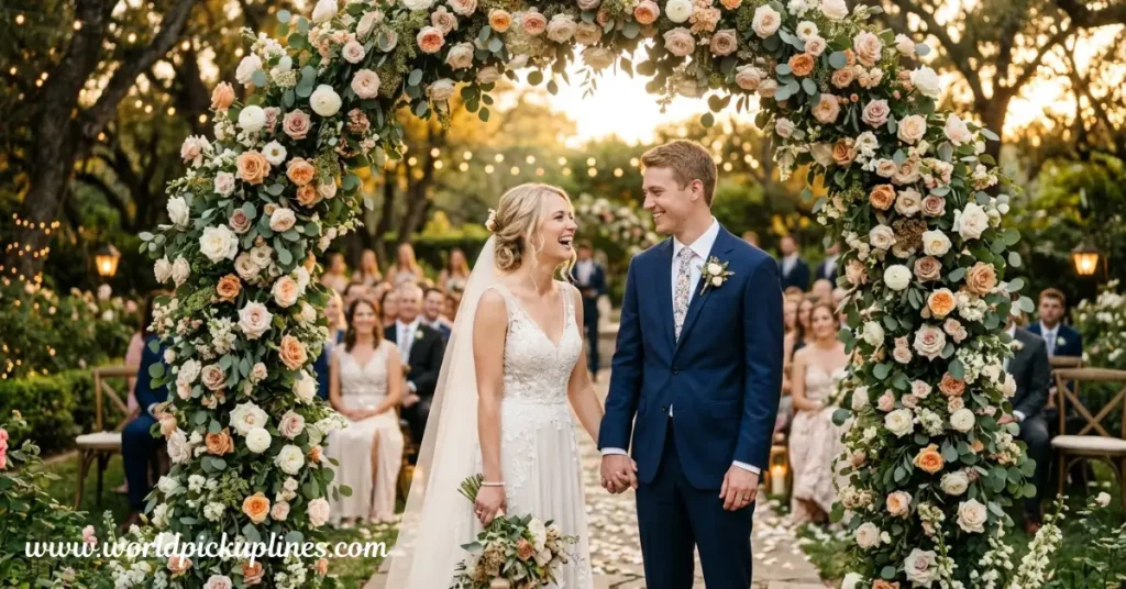 A smiling bride and groom holding hands under a large floral arch during an outdoor garden wedding ceremony.