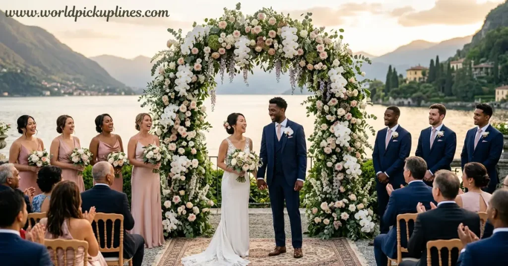 A bride and groom holding hands under a floral arch during a scenic lakeside wedding ceremony.